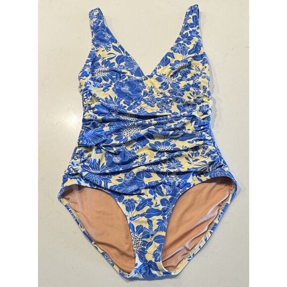 J. Crew Blue Floral Swimsuit Size 10 Ruched V Neck One Piece Full Coverage Boho - Picture 1 of 9